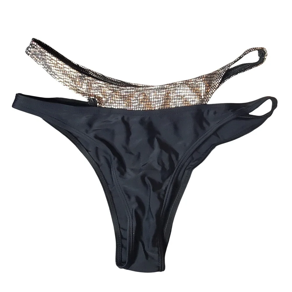 SHEIN Bikini Set Women Large Black Silver Metallic Layered‎ High Cut L